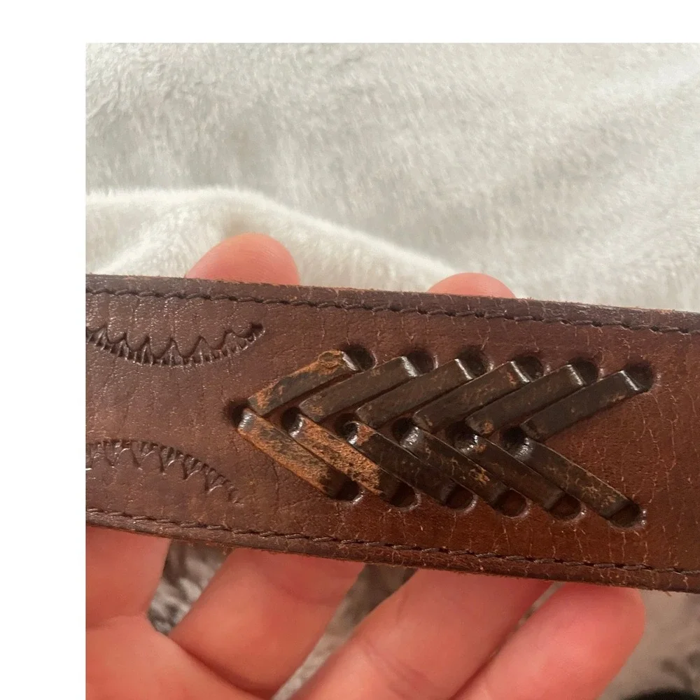 Vintage Brown Tooled Leather Belt Whipstitch Western Boho 32-36